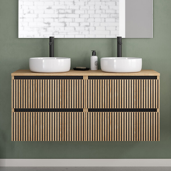 COSYNEO - Meuble de salle de bain 120cm avec plateau et 2 vasques à poser rondes - 4 tiroirs - roble era (chêne clair) - VENERIA - large