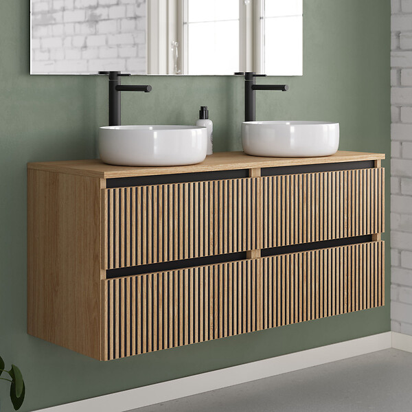 COSYNEO - Meuble de salle de bain 120cm avec plateau et 2 vasques à poser rondes - 4 tiroirs - roble era (chêne clair) - VENERIA - large
