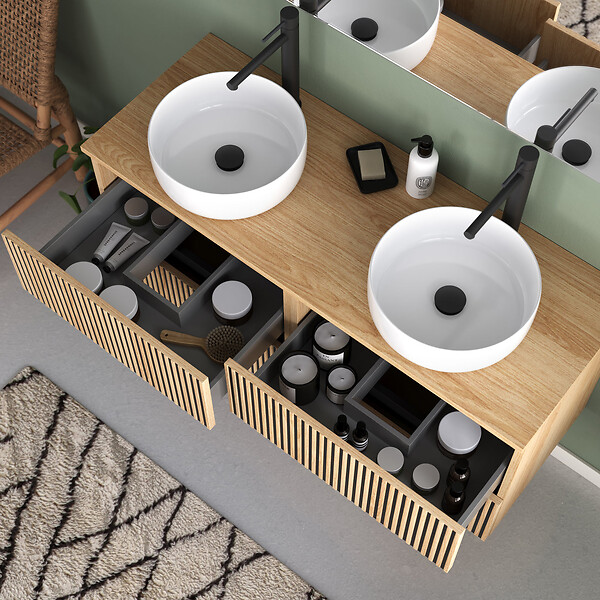 COSYNEO - Meuble de salle de bain 120cm avec plateau et 2 vasques à poser rondes - 4 tiroirs - roble era (chêne clair) - VENERIA - large