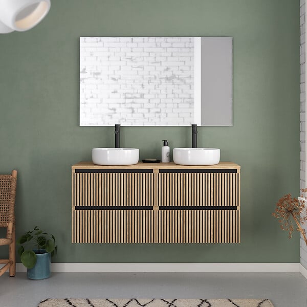 COSYNEO - Meuble de salle de bain 120cm avec plateau et 2 vasques à poser rondes - 4 tiroirs - roble era (chêne clair) - VENERIA - large