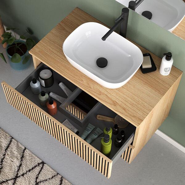 COSYNEO - Meuble de salle de bain 80cm avec plateau et vasque à poser arrondie - 2 tiroirs - sans miroir - roble era (chêne clair) - VENERIA - large