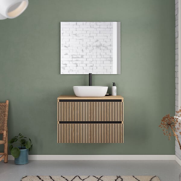 COSYNEO - Meuble de salle de bain 80cm avec plateau et vasque à poser arrondie - 2 tiroirs - sans miroir - roble era (chêne clair) - VENERIA - large