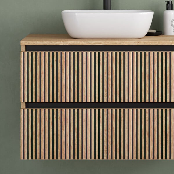 COSYNEO - Meuble de salle de bain 80cm avec plateau et vasque à poser arrondie - 2 tiroirs - sans miroir - roble era (chêne clair) - VENERIA - large