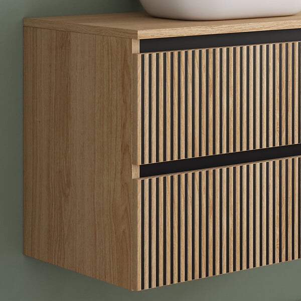 COSYNEO - Meuble de salle de bain 80cm avec plateau et vasque à poser arrondie - 2 tiroirs - sans miroir - roble era (chêne clair) - VENERIA - large