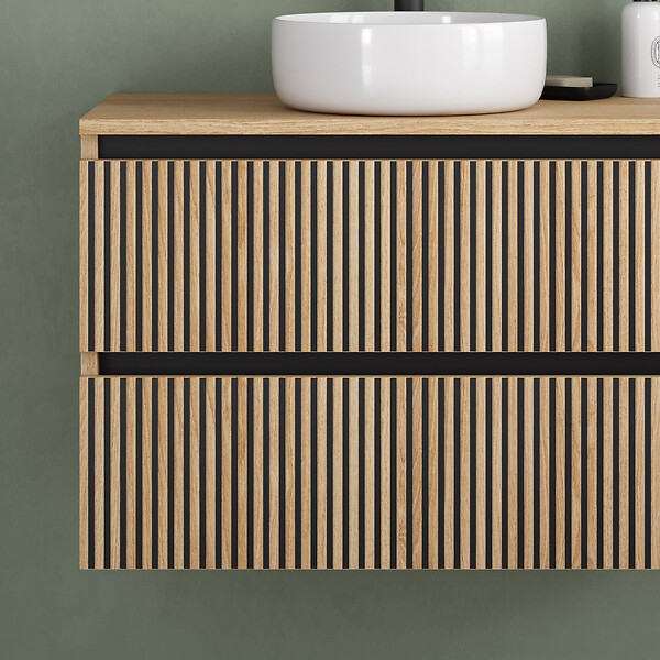 COSYNEO - Meuble de salle de bain 70cm avec plateau et vasque à poser ronde - 2 tiroirs - sans miroir - roble era (chêne clair) - VENERIA - large