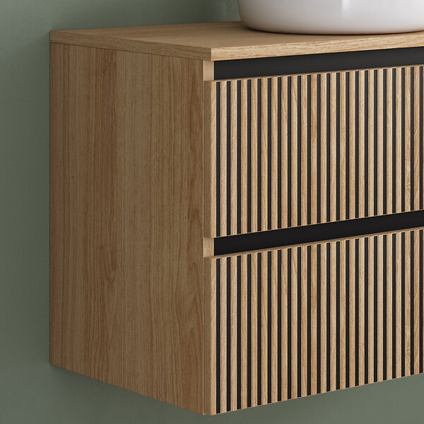 COSYNEO - Meuble de salle de bain 70cm avec plateau et vasque à poser ronde - 2 tiroirs - sans miroir - roble era (chêne clair) - VENERIA - large