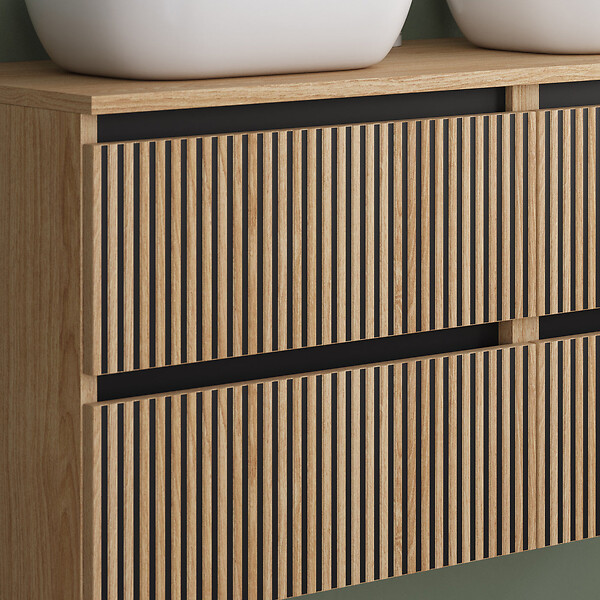 COSYNEO - Meuble de salle de bain 120cm avec plateau et 2 vasques à poser arrondies - 4 tiroirs - sans miroir - roble era (chêne clair) - VENERIA - large