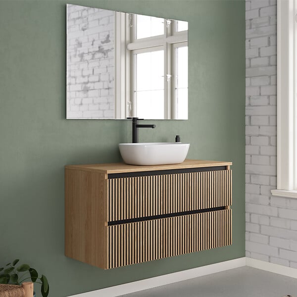 COSYNEO - Meuble de salle de bain 90cm avec plateau et vasque à poser arrondie - 2 tiroirs - roble era (chêne clair) - VENERIA - large