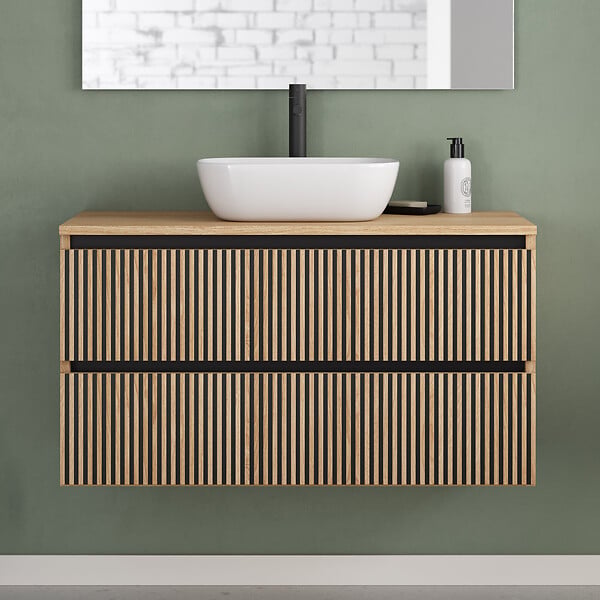 COSYNEO - Meuble de salle de bain 90cm avec plateau et vasque à poser arrondie - 2 tiroirs - roble era (chêne clair) - VENERIA - large