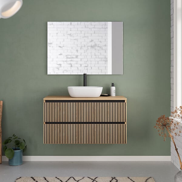 COSYNEO - Meuble de salle de bain 90cm avec plateau et vasque à poser arrondie - 2 tiroirs - roble era (chêne clair) - VENERIA - large