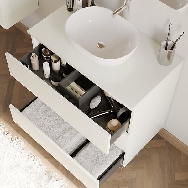 COSYNEO - Meuble de salle de bain 80cm avec plateau et vasque à poser arrondie - 3 tiroirs - sans miroir - blanc brillant - MAYOR - large