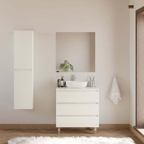 COSYNEO - Meuble de salle de bain 80cm avec plateau et vasque à poser arrondie - 3 tiroirs - sans miroir - blanc brillant - MAYOR - large