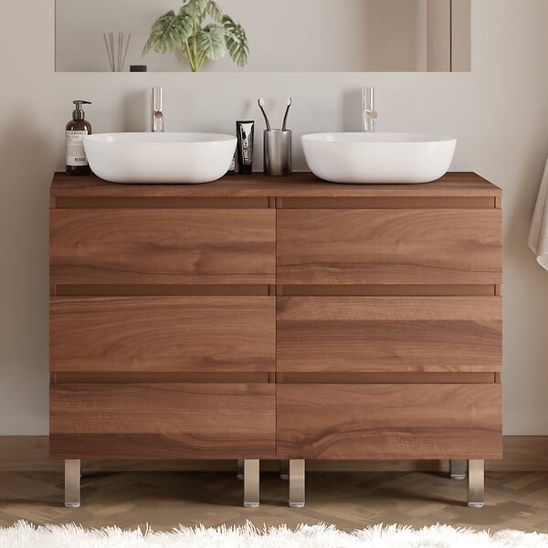 COSYNEO - Meuble de salle de bain 120cm avec plateau et 2 vasques à poser arrondies - 6 tiroirs - noyer (bois foncé) - MAYOR - large