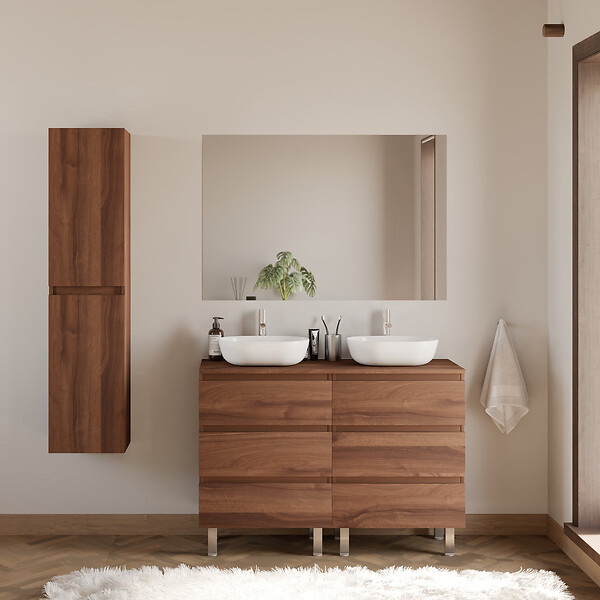 COSYNEO - Meuble de salle de bain 120cm avec plateau et 2 vasques à poser arrondies - 6 tiroirs - noyer (bois foncé) - MAYOR - large