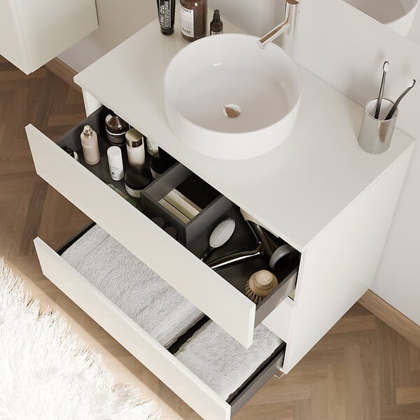 COSYNEO - Meuble de salle de bain 80cm avec plateau et vasque à poser ronde - 3 tiroirs - sans miroir - blanc brillant - MAYOR - large