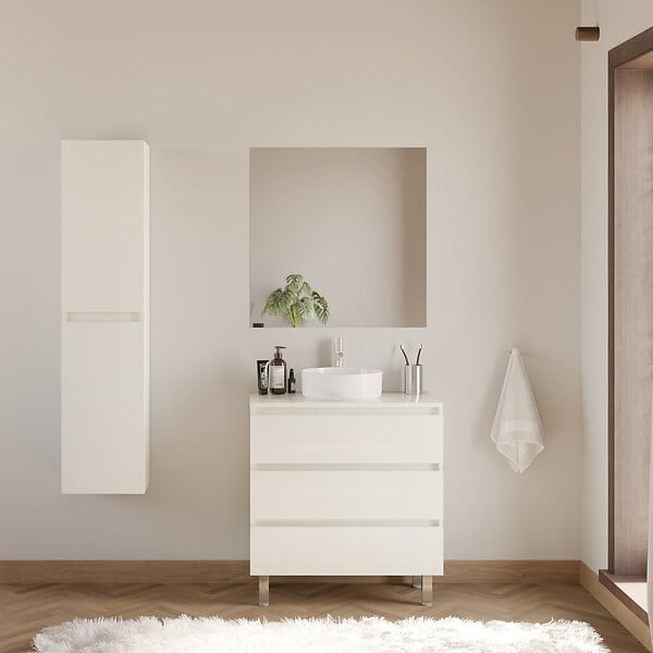 COSYNEO - Meuble de salle de bain 80cm avec plateau et vasque à poser ronde - 3 tiroirs - sans miroir - blanc brillant - MAYOR - large