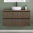 COSYNEO - Meuble de salle de bain 90cm avec plateau et vasque à poser ronde - 2 tiroirs - noyer (bois foncé) - VENERIA - vignette
