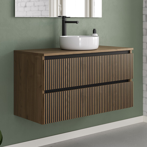 COSYNEO - Meuble de salle de bain 90cm avec plateau et vasque à poser ronde - 2 tiroirs - noyer (bois foncé) - VENERIA - large