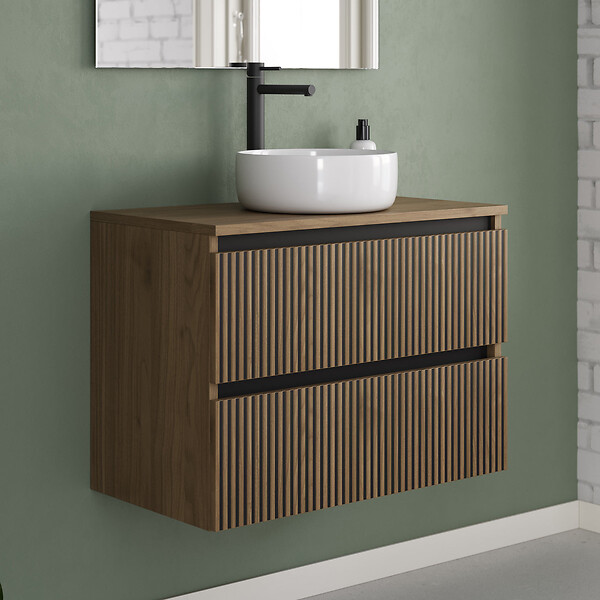 COSYNEO - Meuble de salle de bain 70cm avec plateau et vasque à poser ronde - 2 tiroirs - sans miroir - noyer (bois foncé) - VENERIA - large