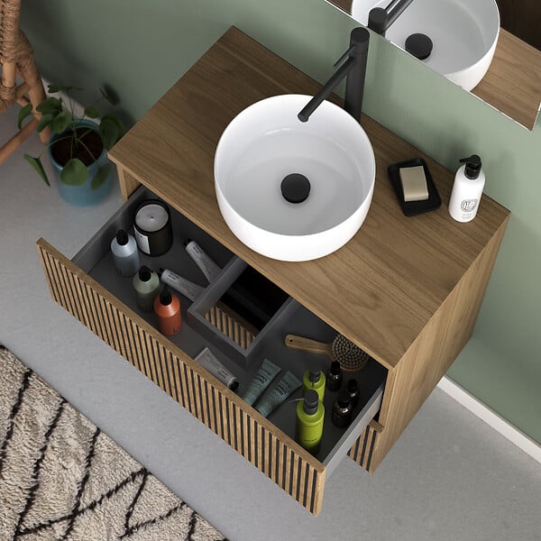 COSYNEO - Meuble de salle de bain 70cm avec plateau et vasque à poser ronde - 2 tiroirs - sans miroir - noyer (bois foncé) - VENERIA - large