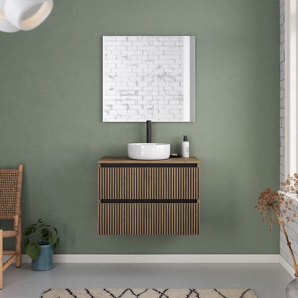 COSYNEO - Meuble de salle de bain 70cm avec plateau et vasque à poser ronde - 2 tiroirs - sans miroir - noyer (bois foncé) - VENERIA - large
