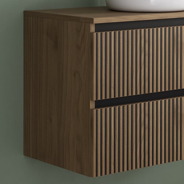 COSYNEO - Meuble de salle de bain 70cm avec plateau et vasque à poser ronde - 2 tiroirs - sans miroir - noyer (bois foncé) - VENERIA - large