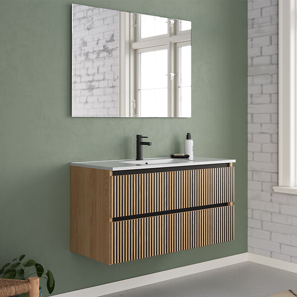 COSYNEO - Meuble de salle de bain 90cm simple vasque - 2 tiroirs - roble era (chêne clair) - VENERIA - large