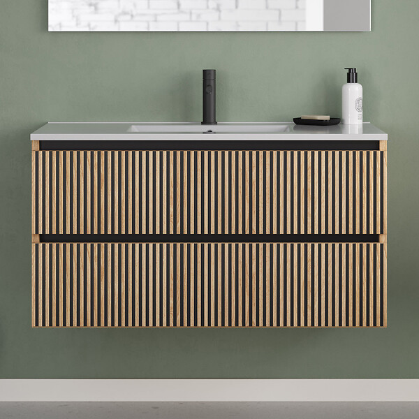 COSYNEO - Meuble de salle de bain 90cm simple vasque - 2 tiroirs - roble era (chêne clair) - VENERIA - large
