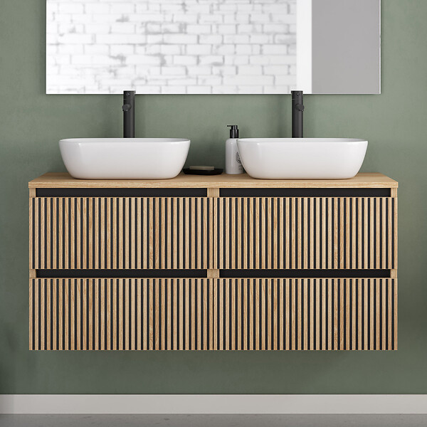 COSYNEO - Meuble de salle de bain 140cm avec plateau et 2 vasques à poser arrondies - 4 tiroirs - roble era (chêne clair) - VENERIA - large