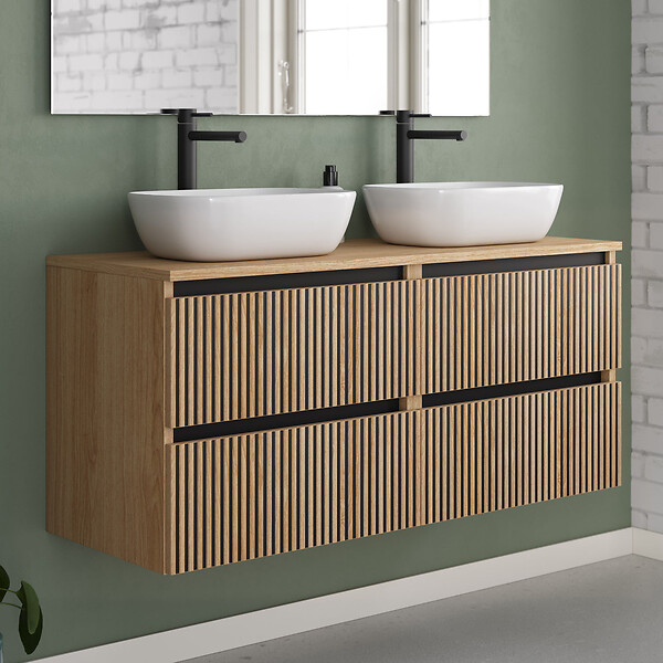 COSYNEO - Meuble de salle de bain 140cm avec plateau et 2 vasques à poser arrondies - 4 tiroirs - roble era (chêne clair) - VENERIA - large