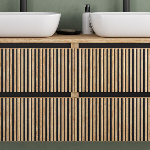 COSYNEO - Meuble de salle de bain 140cm avec plateau et 2 vasques à poser arrondies - 4 tiroirs - roble era (chêne clair) - VENERIA - large