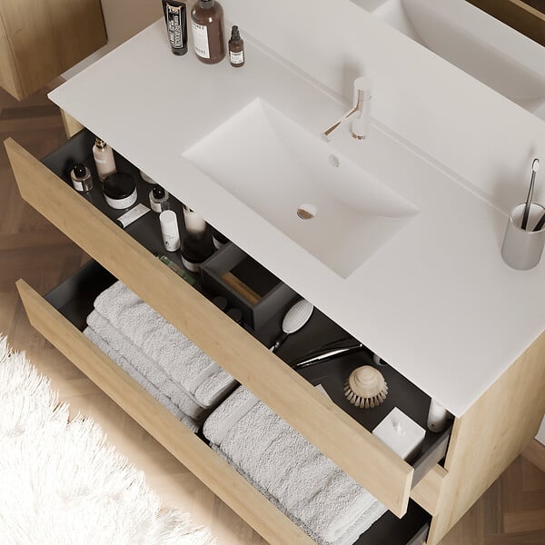 COSYNEO - Meuble de salle de bain 120cm simple vasque - 3 tiroirs - sans miroir - nebraska (chêne clair) - MAYOR - large