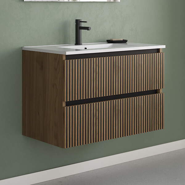 COSYNEO - Meuble de salle de bain 80cm simple vasque - 2 tiroirs - sans miroir - noyer (bois foncé) - VENERIA - large