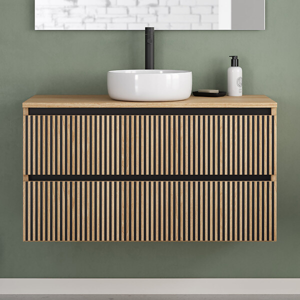 COSYNEO - Meuble de salle de bain 100cm avec plateau et vasque à poser ronde - 2 tiroirs - roble era (chêne clair) - VENERIA - large