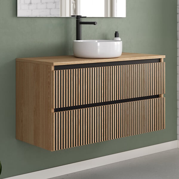 COSYNEO - Meuble de salle de bain 100cm avec plateau et vasque à poser ronde - 2 tiroirs - roble era (chêne clair) - VENERIA - large