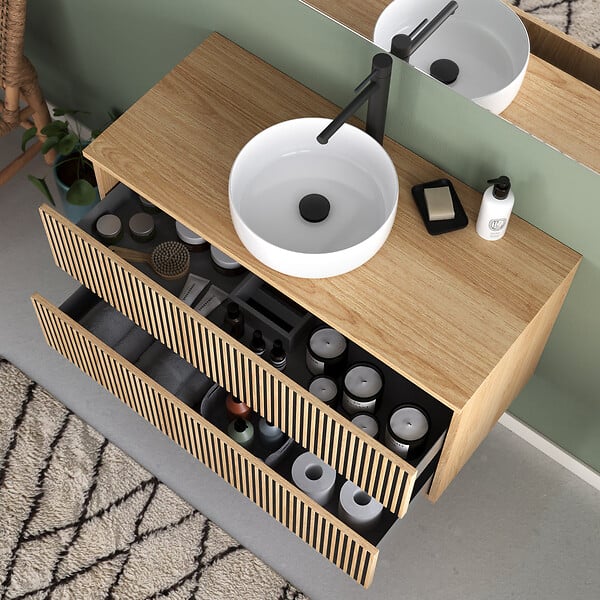 COSYNEO - Meuble de salle de bain 100cm avec plateau et vasque à poser ronde - 2 tiroirs - roble era (chêne clair) - VENERIA - large
