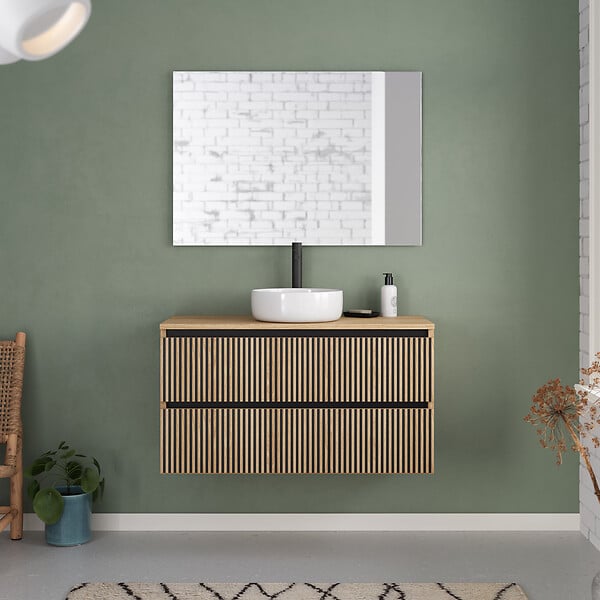 COSYNEO - Meuble de salle de bain 100cm avec plateau et vasque à poser ronde - 2 tiroirs - roble era (chêne clair) - VENERIA - large