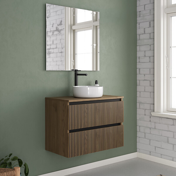 COSYNEO - Meuble de salle de bain 70cm avec plateau et vasque à poser ronde - 2 tiroirs - noyer (bois foncé) - VENERIA - large