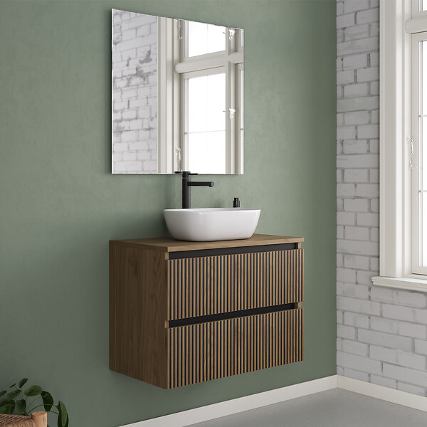 COSYNEO - Meuble de salle de bain 70cm avec plateau et vasque à poser arrondie - 2 tiroirs - noyer (bois foncé) - VENERIA - large
