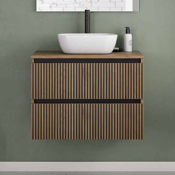 COSYNEO - Meuble de salle de bain 70cm avec plateau et vasque à poser arrondie - 2 tiroirs - noyer (bois foncé) - VENERIA - large