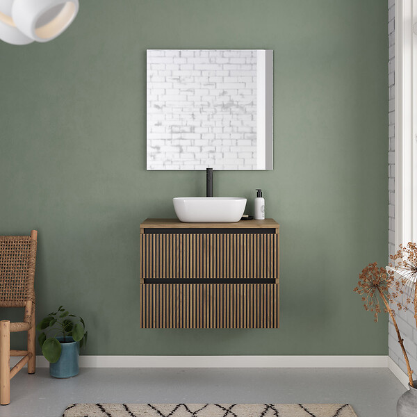 COSYNEO - Meuble de salle de bain 70cm avec plateau et vasque à poser arrondie - 2 tiroirs - noyer (bois foncé) - VENERIA - large