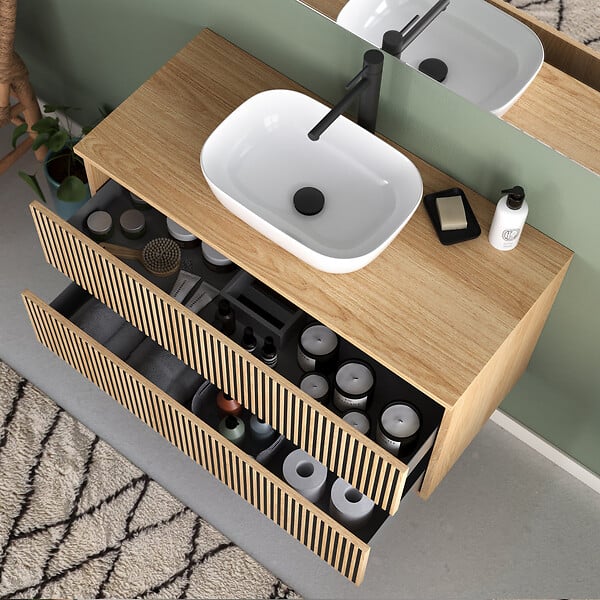 COSYNEO - Meuble de salle de bain 100cm avec plateau et vasque à poser arrondie - 2 tiroirs - sans miroir - roble era (chêne clair) - VENERIA - large