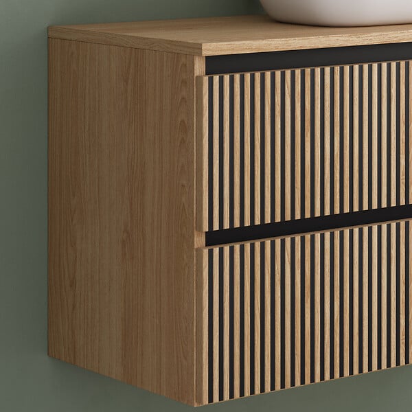 COSYNEO - Meuble de salle de bain 100cm avec plateau et vasque à poser arrondie - 2 tiroirs - sans miroir - roble era (chêne clair) - VENERIA - large