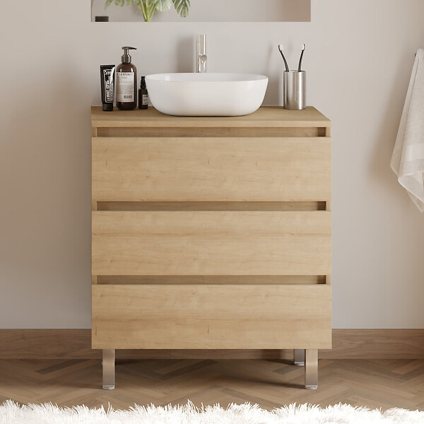 COSYNEO - Meuble de salle de bain 60cm avec plateau et vasque à poser arrondie - 3 tiroirs - nebraska (chêne clair) - MAYOR - large