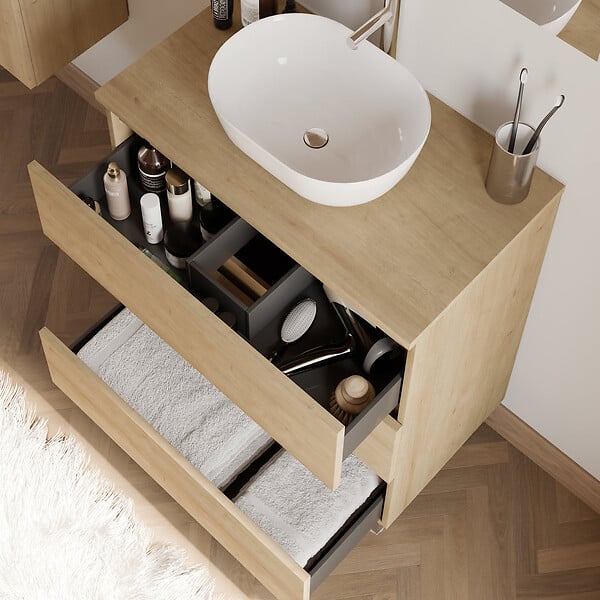 COSYNEO - Meuble de salle de bain 60cm avec plateau et vasque à poser arrondie - 3 tiroirs - nebraska (chêne clair) - MAYOR - large