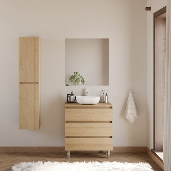 COSYNEO - Meuble de salle de bain 60cm avec plateau et vasque à poser arrondie - 3 tiroirs - nebraska (chêne clair) - MAYOR - large
