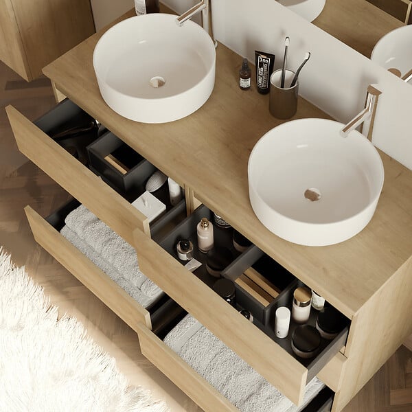 COSYNEO - Meuble de salle de bain 120cm avec plateau et 2 vasques à poser rondes - 6 tiroirs - sans miroir - nebraska (chêne clair) - MAYOR - large