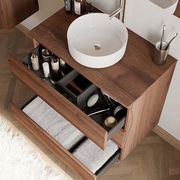 COSYNEO - Meuble de salle de bain 70cm avec plateau et vasque à poser ronde - 3 tiroirs - sans miroir - noyer (bois foncé) - MAYOR - large
