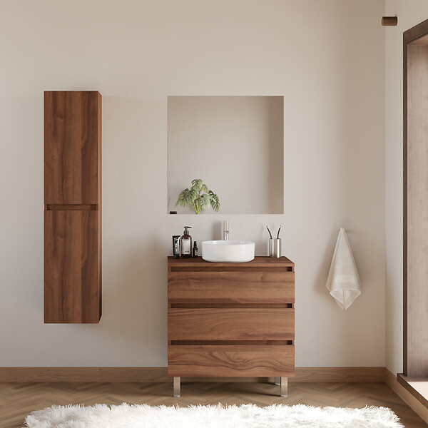 COSYNEO - Meuble de salle de bain 70cm avec plateau et vasque à poser ronde - 3 tiroirs - sans miroir - noyer (bois foncé) - MAYOR - large