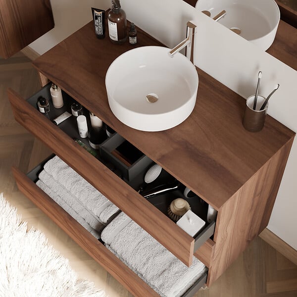 COSYNEO - Meuble de salle de bain 100cm avec plateau et vasque à poser ronde - 3 tiroirs - noyer (bois foncé) - MAYOR - large